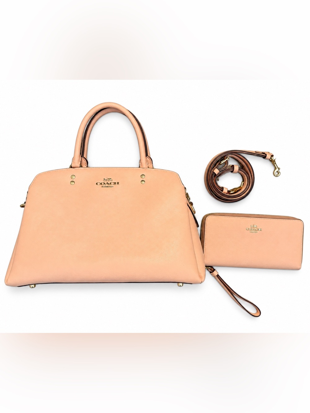 Coach Peach Pink Satchel Bag + Matching Zip Wallet Set